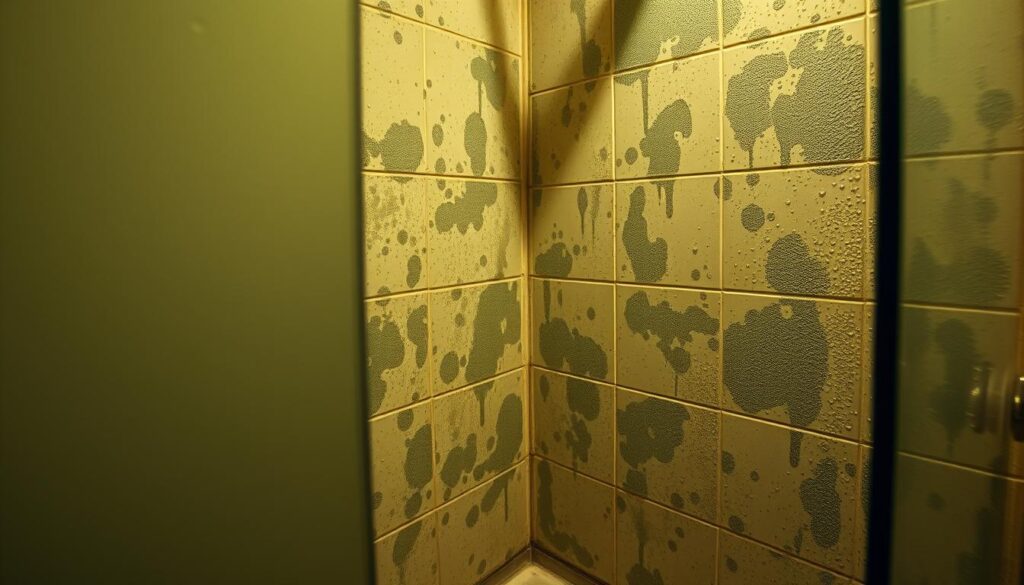 A damp, moldy corner of a shower stall, the tiles covered in unsightly gray-green splotches. Beads of condensation cling to the smooth glass door, the air thick with a musty, humid atmosphere. Dim, yellowish lighting casts ominous shadows, emphasizing the extent of the fungal growth. The shower drain appears partially clogged, water pooling around the rim. This scene conveys the unpleasant reality of neglected shower maintenance, the need to thoroughly clean and treat the affected areas to restore a hygienic, pristine appearance.