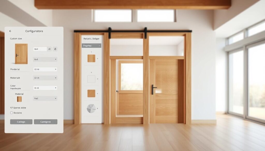 A detailed, elegant wooden sliding door configuration interface, prominently displayed in a bright, airy room. The foreground features a clean, intuitive user interface with options to customize door size, material, color, and hardware. The middle ground showcases realistic 3D renders of the customized door design, allowing the viewer to visualize the final product. The background depicts a minimalist, contemporary living space, highlighting how the sliding door seamlessly integrates into the home environment. Warm, natural lighting from large windows creates a calming, inviting atmosphere. The overall composition emphasizes the ease and versatility of the online configurator, encouraging the viewer to explore and design their perfect wooden sliding door solution.