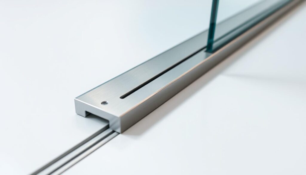 A detailed, high-quality close-up photograph of a metal floor guide rail for a glass sliding door, capturing its intricate engineering and technical design. The floor guide is made of smooth, brushed stainless steel with a sleek, minimalist aesthetic. It features a recessed track and subtle grooves that allow for seamless, silent operation of the sliding glass door. The lighting is crisp and uniform, highlighting the precision engineering and durable construction of the floor guide. The angle showcases the thoughtful integration of the guide into the floor, creating a low-profile, integrated solution for glass door systems. The overall mood is one of modern, sophisticated design and engineering excellence.
