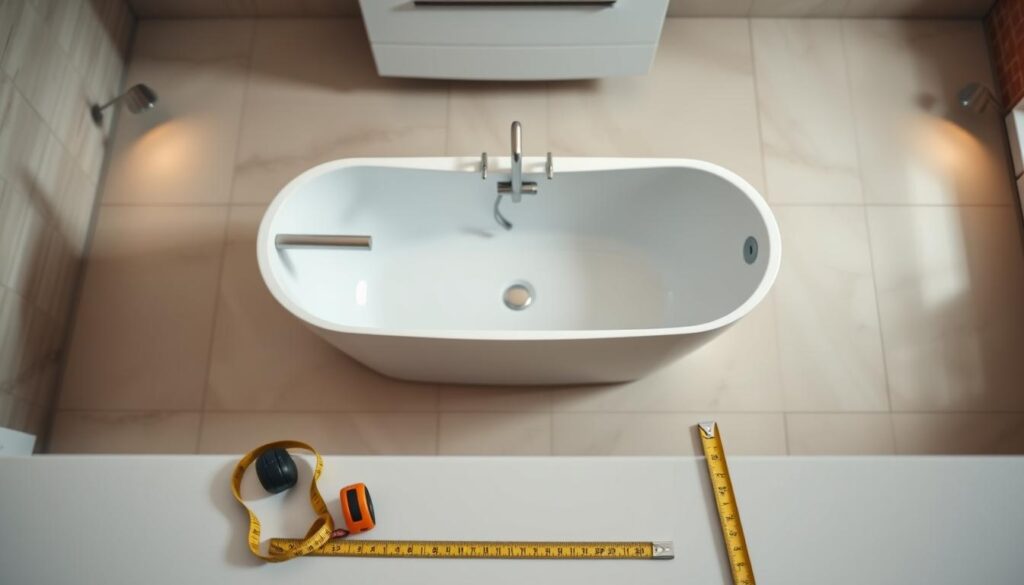 A detailed overhead shot of a modern bathroom featuring a sleek, freestanding bathtub with chrome fixtures. The tub is positioned in the middle ground, surrounded by neutral-toned tiles and a minimalist vanity unit. Soft, diffused lighting emanates from hidden sources, creating a warm, serene atmosphere. In the foreground, various measuring tools, including a tape measure and a ruler, are arranged neatly, indicating the process of measuring and planning the installation. The background blurs gently, keeping the focus on the tub and the essential elements of the montage and delivery process.