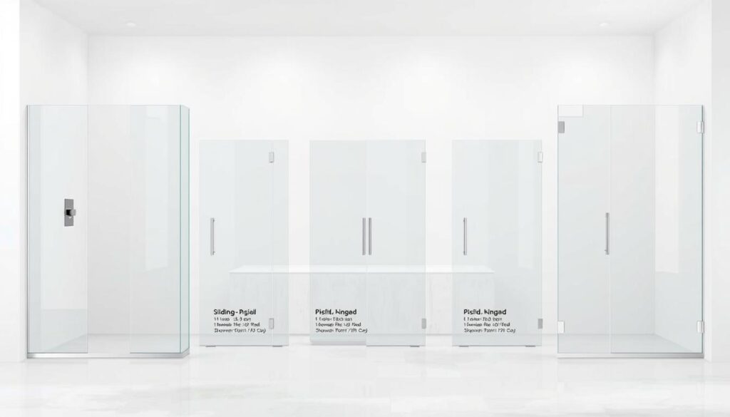 A detailed overview of different glass shower door types, showcasing their distinctive designs and suitability for various bathroom layouts. The image features a clean, modern composition with a neutral color palette, emphasizing the sleek, frameless glass panels in the foreground. In the middle ground, various door styles are displayed, including sliding, pivot, and hinged options, each highlighted with precise technical details. The background subtly suggests a minimalist bathroom setting, allowing the glass doors to take center stage. Soft, even lighting accentuates the transparency and reflective qualities of the glass, creating a sense of refinement and sophistication. The overall atmosphere is one of clarity, functionality, and design excellence, perfectly complementing the article's focus on high-quality glass shower door solutions.