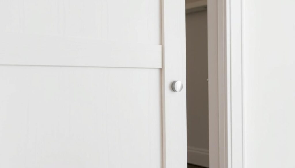 A detailed, well-lit close-up photograph of a modern white wooden sliding door panel, showcasing its elegant, minimalist design and precise craftsmanship. The door's sleek surface is accentuated by subtle wood grain textures, with a focus on the clean, seamless edges and refined hardware. The image captures the door's proportions and scale, providing a clear visual reference for potential buyers to assess size and fit options. The lighting is soft and even, creating a warm, inviting atmosphere that highlights the door's quality and versatility within a contemporary interior setting.