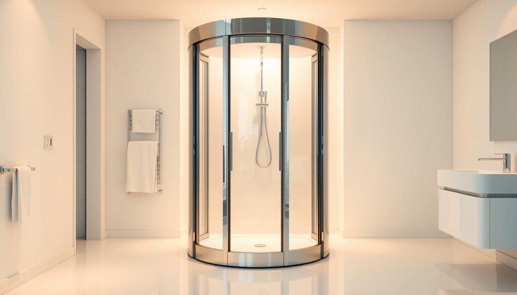 A drehtür, or revolving door, standing prominently in the foreground, its sleek glass panels and chrome frame gleaming under the warm, diffused lighting. The door is situated within a spacious, minimalist bathroom, with clean white walls and pristine fixtures creating a tranquil, modern atmosphere. The drehtür is positioned to showcase its functionality, inviting the viewer to imagine the seamless flow of movement as it gracefully rotates, allowing easy access to the shower enclosure beyond. The overall composition emphasizes the drehtür's elegant design and its harmonious integration within the carefully curated bathroom setting.