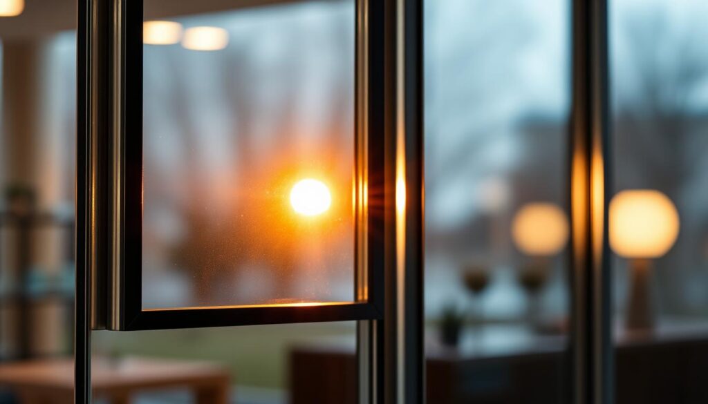 A finely crafted glass display showcasing the intricate details of high-quality door light inserts. The foreground features a sleek, minimalist frame that accentuates the luminous glass panes, allowing the warm, diffused light to gently radiate outward. The middle ground showcases the precise engineering and craftsmanship, with clean lines and seamless integration of the glass elements. In the background, a softly blurred environment hints at the versatility of these light inserts, suitable for a variety of modern and contemporary door designs. The overall composition conveys a sense of elegance, quality, and technical precision, reflecting the core values of "Lichtausschnitte für Türen: Technik, Qualität und Passgenauigkeit".