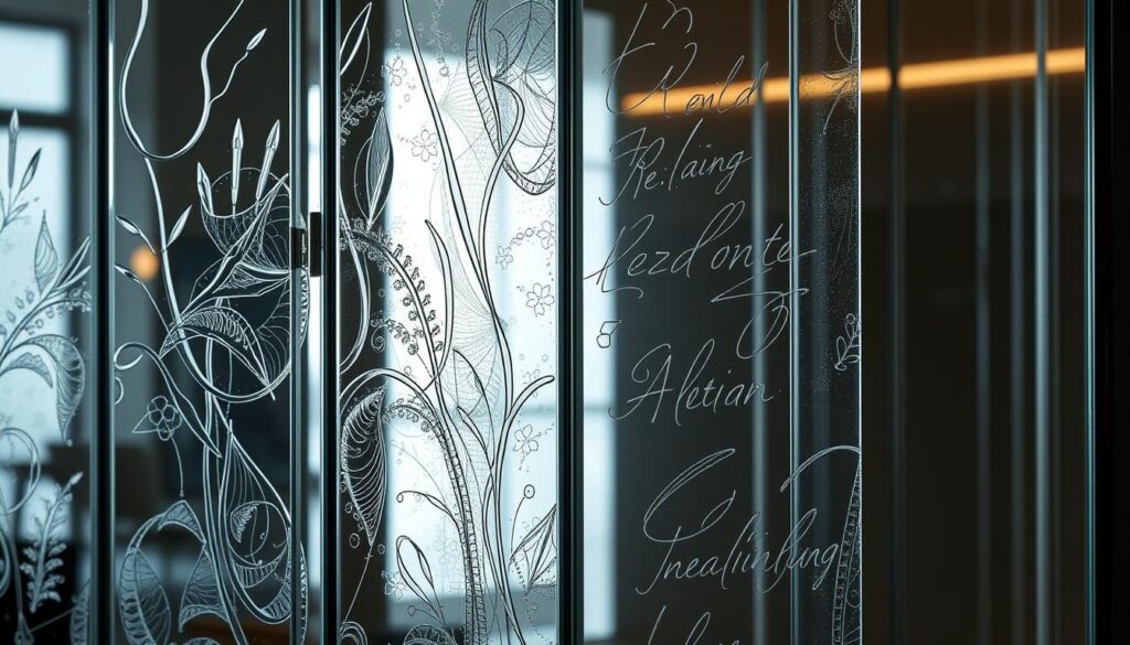 A finely crafted glass door showcasing the art of "veredelung" (refinement). Precise, sleek lines of tempered glass panels, their surfaces meticulously polished to a mirror-like shine. Subtle textures and patterns subtly etched into the glass, refracting light in captivating ways. The door stands tall, a testament to the skill and attention to detail of its creators. Dramatic lighting casts dramatic shadows, highlighting the depth and dimensionality of the design. The overall effect is one of elegant sophistication, blending form and function seamlessly. This is a high-quality, durable glass solution built to withstand the test of time.