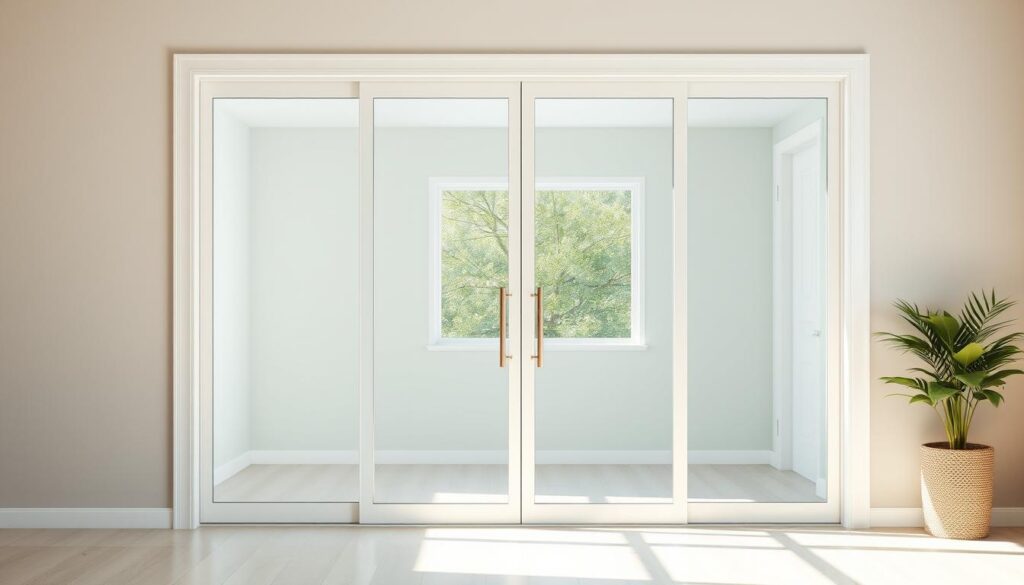 A finely crafted glass sliding door standing in a bright, airy room. The door features a sleek, modern frame in a crisp white finish, complementing the smooth, tempered safety glass panes that allow natural light to flow through. The glass panels are meticulously designed, with precise edges and a seamless, frameless appearance. Subtle brushed steel hardware provides a sophisticated touch, enabling the door to glide effortlessly on its tracks. The scene is illuminated by soft, diffused lighting, casting a warm glow and highlighting the high-quality materials. The overall atmosphere is one of understated elegance and functional beauty, perfectly suited for the contemporary living space.