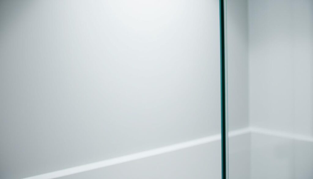 A finely crafted sheet of einscheibensicherheitsglas, its smooth, tempered surface gleaming under soft, indirect lighting. The glass appears seamless, with a subtle, understated elegance that complements the minimalist design of a modern shower enclosure. The material's inherent strength and safety features are evident, making it an ideal choice for a high-quality, custom-built shower divider. The image captures the precise, engineering-driven nature of this specialized glass, showcasing its ability to provide both function and aesthetic appeal in the creation of a luxurious, personalized bathing experience.