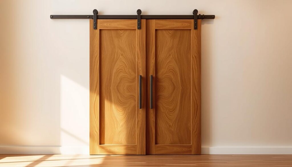 A finely crafted wooden sliding door, its intricate grain patterns and smooth texture capturing the essence of natural elegance. The door stands in a well-lit interior, casting soft shadows that accentuate its dimensional details. The camera angles showcase the door's robust construction, seamless sliding mechanism, and precise measurements, inviting the viewer to appreciate the technical mastery behind its design. Warm lighting bathes the scene, evoking a sense of comfort and sophistication, perfectly complementing the refined aesthetic of the wooden sliding door.