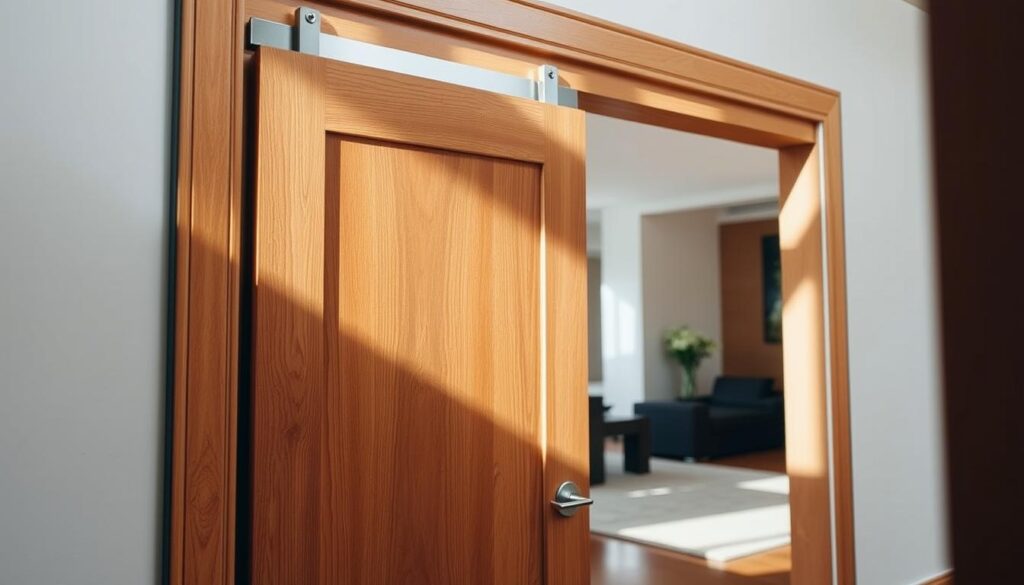 A finely crafted wooden sliding door, its smooth panels gliding effortlessly on a sleek metal track. The natural wood grain shimmers in the soft, directional lighting, casting warm shadows that accentuate the elegant design. The door is flanked by a minimalist, modern frame, blending seamlessly into the surrounding architecture. In the background, a spacious, well-appointed room comes into focus, hinting at the door's purpose as a functional and aesthetically pleasing entryway. The overall scene conveys a sense of sophistication, attention to detail, and a harmonious integration of form and function.