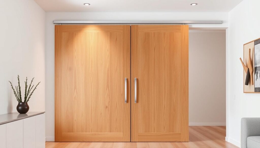 A finely crafted wooden sliding door stands tall, its natural grain and warm hues radiating a sense of timeless elegance. Soft, diffused lighting from overhead fixtures casts a gentle glow, accentuating the door's smooth contours and the seamless integration with the surrounding minimalist decor. The door glides effortlessly on its sleek metal track, seamlessly dividing the space while maintaining an open, airy feel. The scene conveys a harmonious blend of functionality and aesthetic appeal, perfectly embodying the concept of "Schiebetür Holz: natürliche Ästhetik trifft Funktion im modernen Wohnraum".