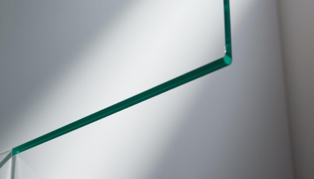 A finely textured sheet of clear, translucent acrylglas material, illuminated by soft, diffused lighting from the side. The surface reflects the surrounding environment subtly, creating a sense of depth and dimensionality. The material appears smooth and rigid, with a slight sheen that suggests a high-quality, premium finish. The lighting accentuates the material's inherent properties, highlighting its transparency, durability, and suitability for use in a modern, minimalist shower enclosure. The image conveys the versatility and visual appeal of acrylglas as a material choice for custom-tailored, high-performance shower solutions.