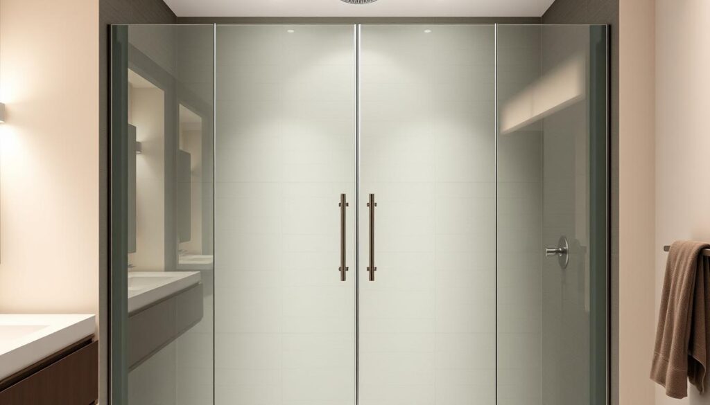 A fully functional shower enclosure, its glass panels seamlessly integrated into the bathroom space. The enclosure features a central door that opens wide, allowing for easy access, with the option to pivot or fold the panels as needed. Crisp lines and a sleek, minimalist design create an elegant and modern aesthetic, complementing the high-end fixtures and finishes of the bathroom. Soft, diffused lighting illuminates the transparent surfaces, lending a sense of depth and airiness to the scene. The overall composition emphasizes the versatility and functionality of this bespoke shower solution, perfectly suited for the discerning homeowner seeking a tailored, premium bathing experience.