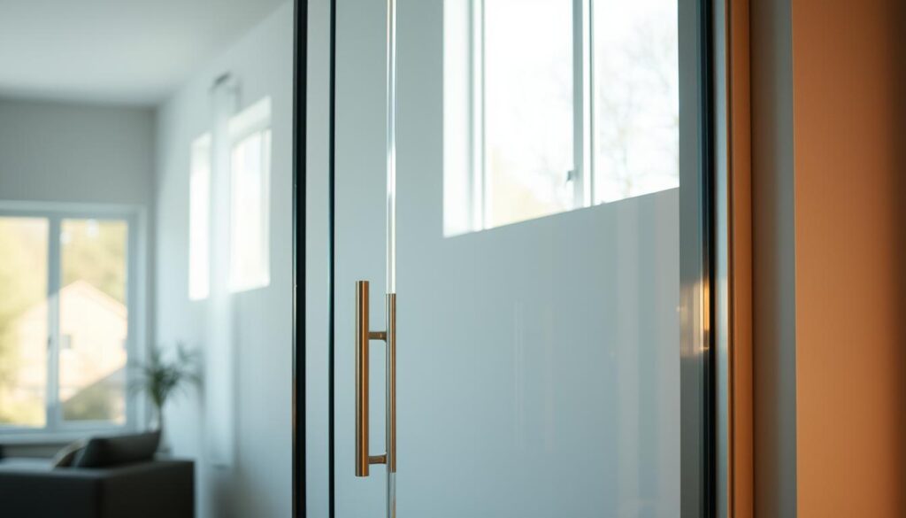 A glass door, its surface reflecting the natural light streaming in from nearby windows. The frame is sleek and modern, with clean lines and a minimalist design. The glass panels are perfectly clear, allowing an unobstructed view of the room beyond. The overall impression is one of elegance and functionality, perfectly suited for the contemporary interior. The scene is illuminated by soft, diffuse lighting, creating a warm and inviting atmosphere. The camera angle is positioned at eye level, providing a direct and engaging perspective for the viewer. The composition emphasizes the simplicity and beauty of the glass door, highlighting its role as a focal point in the room.