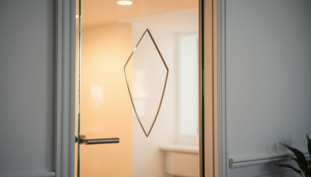 A glass door panel with a carefully crafted light cutout, casting a warm, inviting glow. The glass is crystal clear, reflecting the surrounding environment. The cutout design is intricate, yet simple, adding a touch of elegance to the door. Soft, diffused lighting illuminates the scene, creating a cozy and welcoming atmosphere. The door is positioned in a bright, airy room, with clean lines and minimal decor, allowing the glass panel to be the focal point. The camera angle is slightly angled, capturing the depth and dimension of the glass and the light interplay.