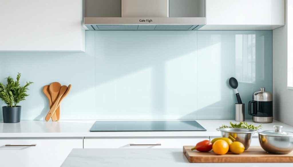 A glass kitchen splashback in a modern, minimalist kitchen. The surface is clean and free of any smudges or watermarks, reflecting the light beautifully. The splashback extends from the countertop to the upper cabinets, creating a seamless, high-quality look. The lighting is soft and diffused, highlighting the glass's clarity and sheen. The kitchen itself is well-organized, with various cooking utensils and ingredients neatly arranged on the countertop, suggesting a daily routine of cooking and cleaning. An airy, inviting atmosphere pervades the scene, emphasizing the importance of maintaining a hygienic and aesthetically pleasing kitchen environment.
