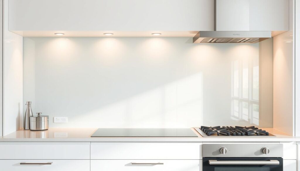 A glass kitchen splashback with a sleek, modern design, positioned in a bright, well-lit kitchen. The splashback features a seamless, transparent surface that elegantly protects the wall from splashes and stains. Subtle reflections dance on the glass, creating a sense of depth and movement. The lighting, angled to accentuate the material's clarity, casts a warm, inviting glow. The splashback is complemented by stainless steel kitchen appliances and minimalist cabinetry, creating a harmonious, high-end aesthetic. The overall scene conveys a sense of effortless sophistication and functionality, perfectly suited for the "Montage leicht gemacht: Spritzschutz Glas Küche mit passendem Zubehör" section.