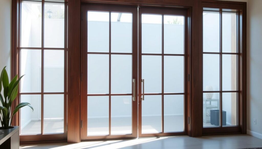 A glass-paneled interior door with a sleek, modern design. The door frame is made of dark-stained wood, creating a warm, inviting contrast against the clear glass panes. Soft, diffused lighting illuminates the space, casting a gentle glow through the translucent glass. The door is positioned in a bright, airy room, with a neutral color palette and minimal decor, allowing the glass feature to take center stage. The overall atmosphere is one of simplicity, elegance, and a seamless blending of indoor and outdoor spaces.
