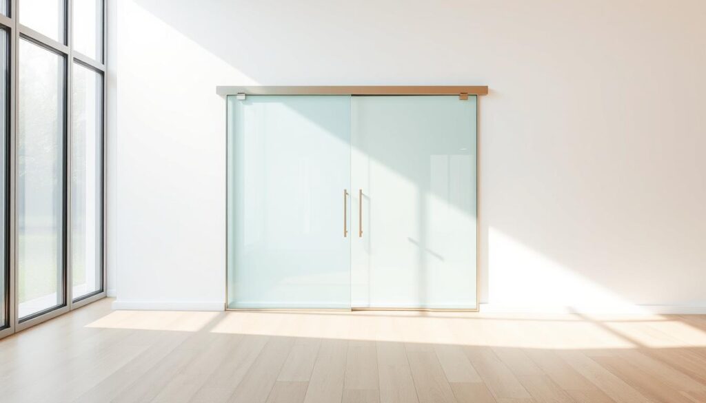 A glass pendulum door in a bright, airy room, showcasing its seamless, modern installation. The door is mounted directly onto the wall, without a bulky frame, creating a sleek, minimalist aesthetic. Soft, diffused lighting from large windows bathes the scene, highlighting the door's clean lines and sparkling glass panels. The floor is made of warm, light-colored wood, complementing the overall minimalist, high-quality design. The door appears to be effortlessly integrated into the space, demonstrating a simple, precise installation process. The entire composition conveys a sense of elegance, functionality, and attention to detail.
