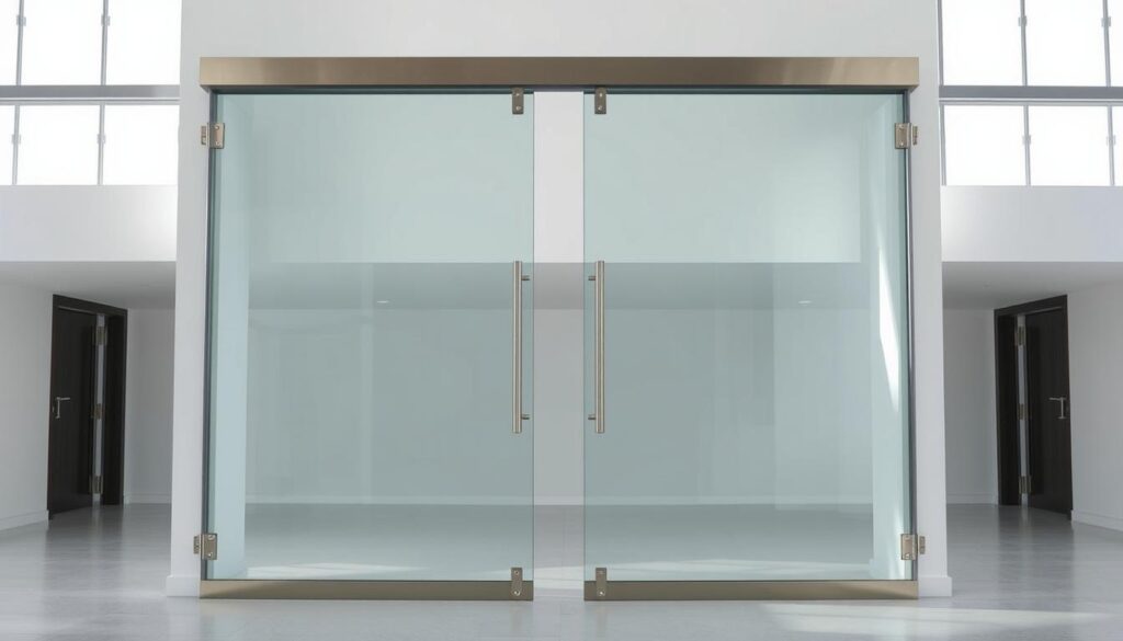 A glass pendulum door in a modern, minimalist setting. The door's sleek, tempered glass panels are supported by sturdy, brushed metal hinges and fittings, creating a seamless, high-quality aesthetic. The door is positioned in a well-lit room with natural light streaming in from large windows, casting a soft, even glow on the transparent surfaces. The door's hardware, such as the handle and latch, are also made of premium, corrosion-resistant materials, ensuring a smooth, reliable operation. The overall composition emphasizes the door's technical specifications, quality craftsmanship, and ability to enhance the spatial harmony of the interior design.