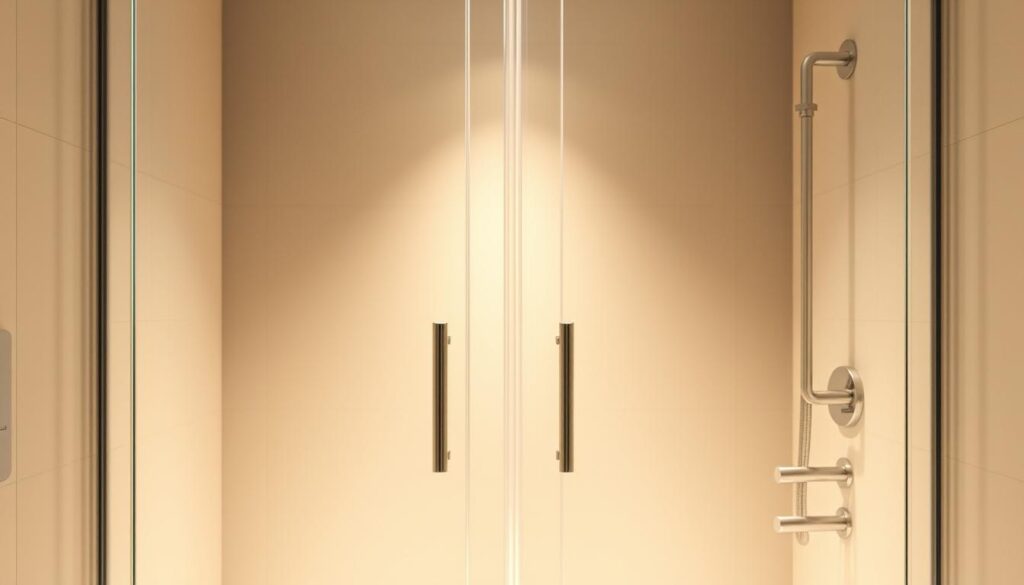 A glass shower door made of tempered security glass, illuminated by soft, diffused lighting that casts a warm, inviting glow. The surface reflects the clean, minimalist lines of the bathroom, creating a seamless, modern aesthetic. The glass panels are meticulously installed, with attention to detail and precision, showcasing the durability and longevity of this high-quality material. The scene conveys a sense of effortless elegance and functionality, perfectly suited for the "Montage, Reinigung und Langlebigkeit im Alltag" section of the article. A glass shower door made of tempered security glass, illuminated by soft, diffused lighting that casts a warm, inviting glow. The surface reflects the clean, minimalist lines of the bathroom, creating a seamless, modern aesthetic. The glass panels are meticulously installed, with attention to detail and precision, showcasing the durability and longevity of this high-quality material. The scene conveys a sense of effortless elegance and functionality, perfectly suited for the "Montage, Reinigung und Langlebigkeit im Alltag" section of the article.