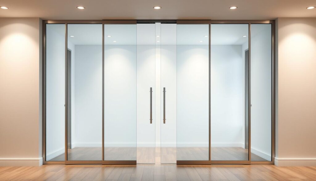 A glass sliding door complete set with a modern, minimalist design. The glass panels are framed in sleek, brushed aluminum, creating a seamless, high-quality aesthetic. The doors glide effortlessly on a sturdy, ball-bearing track system, offering smooth, quiet operation. The set is available in a range of custom sizes to fit your specific entryway or room divider needs. Soft, diffused lighting from above illuminates the transparent glass, casting a warm, inviting glow throughout the space. The entire setup is captured from a slightly elevated, angled perspective, highlighting the clean lines and elegant simplicity of the glass sliding door solution.
