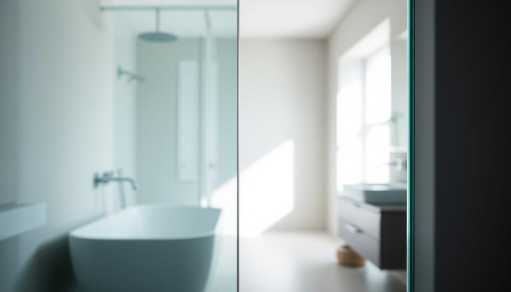A high-quality, 8mm tempered safety glass (ESG) panel in accordance with DIN EN 12150-1 standard, with a smooth, reflective surface that beautifully captures the surrounding environment. The glass is positioned in the foreground, illuminated by natural light streaming in from the side, creating a soft, diffused glow that highlights its transparency and structural integrity. The middle ground features a minimal, modern bathroom setting, with clean lines and muted colors that allow the glass to take center stage. The background is slightly blurred, suggesting a serene, spa-like atmosphere, emphasizing the elegance and sophistication of the glass sliding door solution.