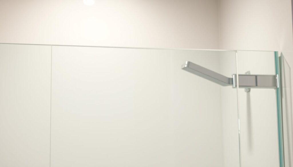 A high-quality, clear glass panel with a sleek, modern appearance. The glass is transparent and free of any imperfections, allowing maximum light transmission. The surface is smooth and polished, reflecting the surroundings with a subtle shimmer. The edges are precisely cut and beveled, giving the glass a refined, sophisticated look. Subtle lighting from above creates a warm, inviting atmosphere, highlighting the glass's clarity and purity. The overall composition emphasizes the elegance and functionality of the glass, showcasing its safety and durability as a material for a high-end shower enclosure.