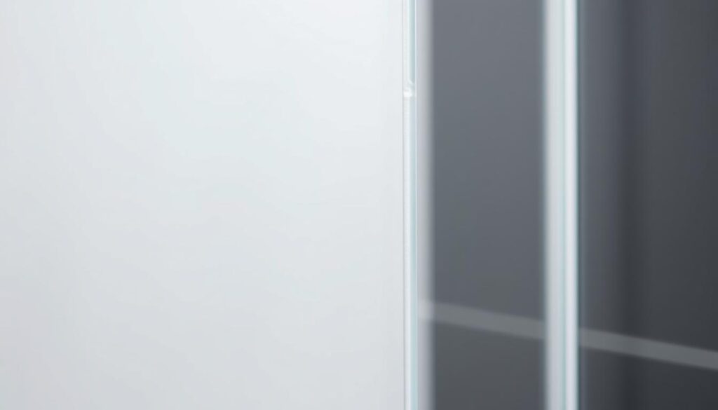 A high-quality, close-up photograph of a modern shower door seal or gasket in a sleek, minimalist design. The duschdichtung is made of a flexible, transparent material that perfectly conforms to the shape of the shower door, creating a tight, watertight seal. The lighting is soft and diffused, highlighting the smooth, seamless edges and subtle sheen of the material. The image is captured at an angle that emphasizes the clean lines and precise fit of the duschdichtung, conveying a sense of quality, functionality, and attention to detail. The background is clean and uncluttered, allowing the duschdichtung to be the focal point of the image.
