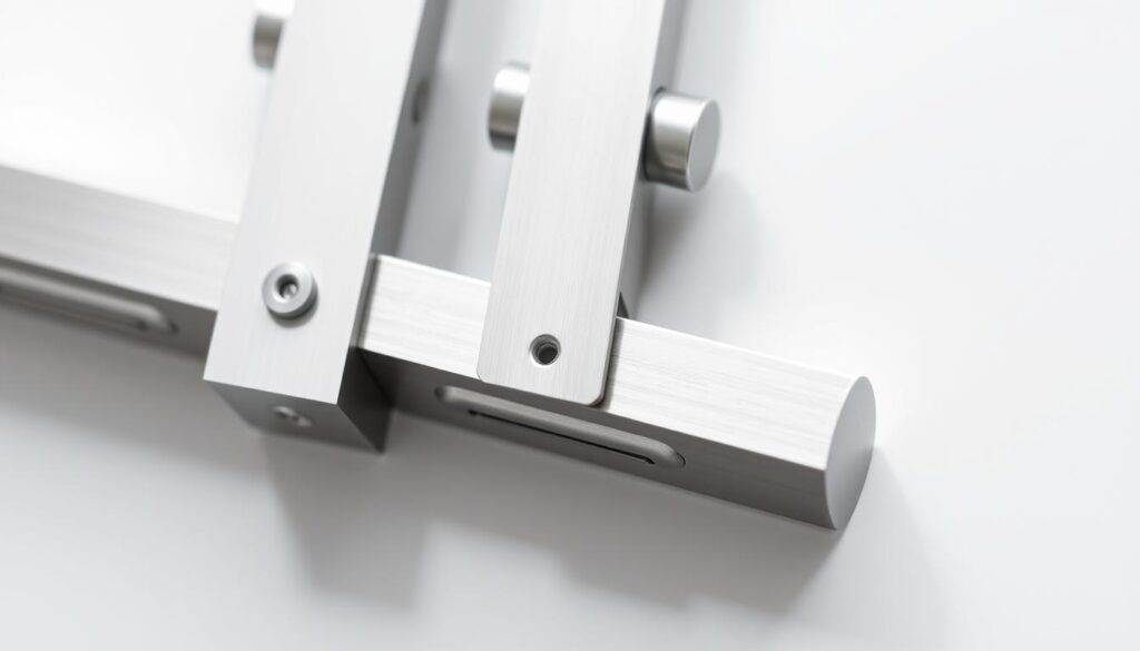 A high-quality, close-up photograph of a sleek, modern sliding door hardware system, known as a "schiebetürbeschlag". The system is composed of a series of metal components, including a smooth, heavy-duty track, sturdy rollers, and a minimalist handle or pull. The hardware is crafted from brushed stainless steel or aluminum, reflecting an elegant, understated aesthetic. Subtle shadows and highlights accentuate the clean lines and attention to detail. The lighting is soft and diffused, creating a sense of depth and texture. The composition places the schiebetürbeschlag at the center, filling the frame and emphasizing its functional beauty as an integral part of a well-designed sliding door system.