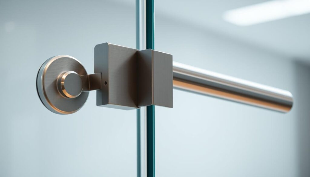 A high-quality, close-up view of security glass door hardware, including a sturdy metal handle and sleek metal fittings. The handle is firmly attached to the tempered glass panel, exuding a sense of reliability and safety. The metal components have a subtle brushed finish, complementing the transparency of the glass. Soft, directional lighting highlights the clean lines and elegant design, creating a modern and sophisticated atmosphere. The overall composition emphasizes the attention to detail and the premium craftsmanship that ensures the quality and durability of these door accessories.
