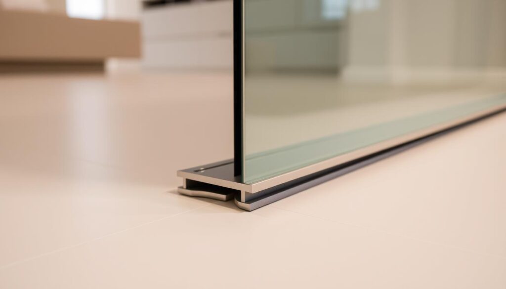 A high-quality, detailed image of a sleek, modern sliding door system showcasing its precise bottom-mounted track guidance mechanism. The camera is positioned at a slightly elevated angle, capturing the smooth, streamlined design of the track as it seamlessly integrates with the floor. The lighting is soft and diffused, highlighting the clean lines and premium materials used in the construction. The image conveys a sense of elegance, functionality, and attention to architectural details that would complement the "Planung & Praxis: Wandöffnung, Größe, Gewicht und die richtige Bodenführung" section of the article "Schiebetür nach Maß - Hochwertige Lösungen für Ihren Wohnraum."
