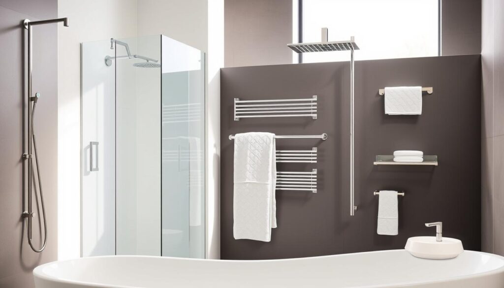 A high-quality, detailed image of a variety of stylish and functional bathtub accessories (badewannenaufsätze) displayed in a modern, well-lit bathroom setting. The accessories should include a range of items such as sleek glass shower screens, minimalist shower curtain rods, discreet towel rails, and elegant soap dishes. The image should showcase the sophisticated, customizable nature of these accessories, highlighting their ability to seamlessly integrate into a contemporary bathroom design. The lighting should be soft and natural, creating a warm, inviting atmosphere that emphasizes the premium quality and visual appeal of the featured products.