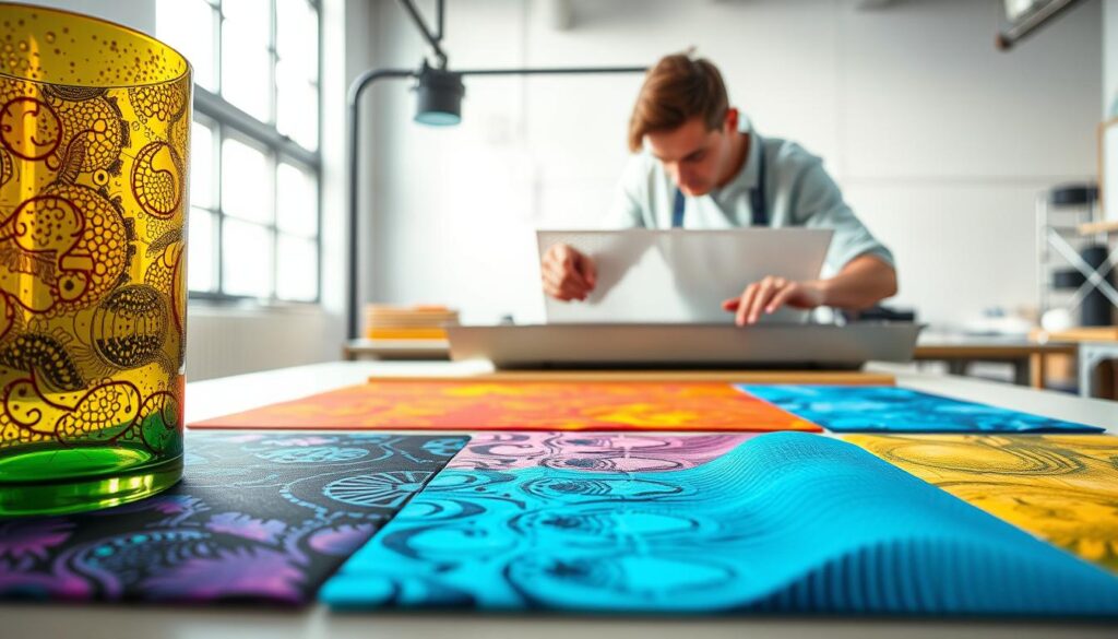 A high-quality, detailed image of siebdruck (screen printing) technique in a modern, minimalist design setting. The foreground features an artfully arranged set of vibrant, textured screen printed patterns on various surfaces - glass, metal, fabric - demonstrating the versatility of this specialized printing method. The middle ground showcases the screen printing process itself, with a skilled artisan carefully applying ink through a finely perforated stencil. The background is a clean, bright studio environment, bathed in soft, natural light that accentuates the depth and dimensionality of the prints. Convey a sense of craftsmanship, innovation and creative expression inherent to the siebdruck process.