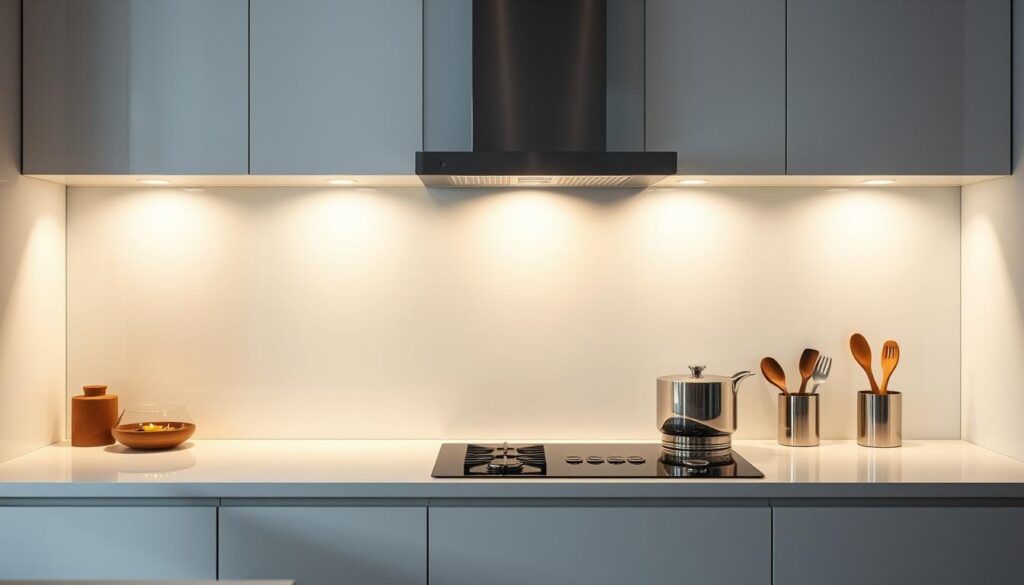A high-quality glass kitchen backsplash in a minimalist, modern kitchen. The glass panel is large, seamless, and reflective, casting a warm glow from the recessed lighting above. The backsplash extends from the countertop to the upper cabinets, creating a sleek, uninterrupted surface. The kitchen appliances and utensils are neatly arranged, complementing the clean, sophisticated aesthetic. Soft shadows and highlights accentuate the glass's smooth texture, evoking a sense of refinement and elegance. The overall scene exudes a calming, serene atmosphere, highlighting the advantages of a glass backsplash over traditional tiled alternatives.