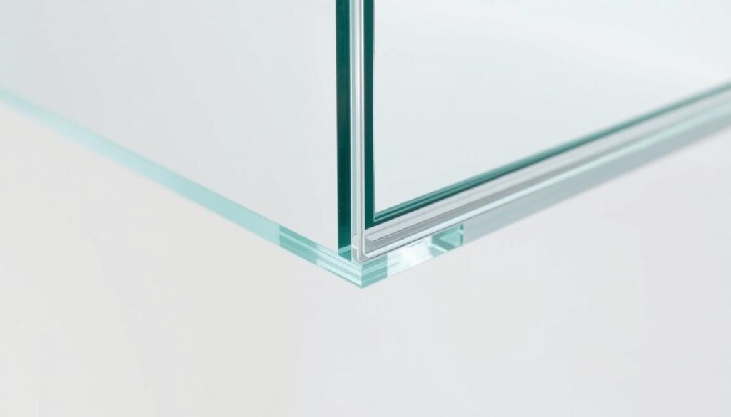A high-quality glass shower door with a sharp, well-defined edge, capturing the precise glass thickness and gap measurement. The door is positioned against a clean, minimalist background, allowing the technical details to take center stage. Crisp, even lighting illuminates the glass, revealing its transparency and structural integrity. The camera angle is slightly elevated, providing a clear, unobstructed view of the door's profile and dimensions. The overall mood is one of precision, functionality, and attention to detail, reflecting the importance of selecting the right glass thickness and gap size for a seamless, high-performance shower enclosure.