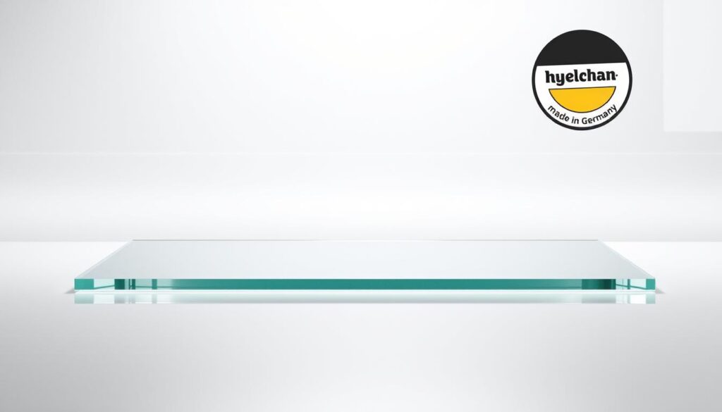 A high-quality, glossy tempered safety glass panel resting on a clean, reflective surface. The glass appears crystal-clear, with a sleek and durable texture. Precise, uniform edges and corners suggest exceptional manufacturing standards. Soft, diffused lighting from above illuminates the glass, creating a sense of depth and dimension. The overall composition emphasizes the material's strength, clarity, and premium quality, befitting its "made in Germany" pedigree. A minimalist, elegant setting that highlights the glass's functionality as a kitchen splashback.