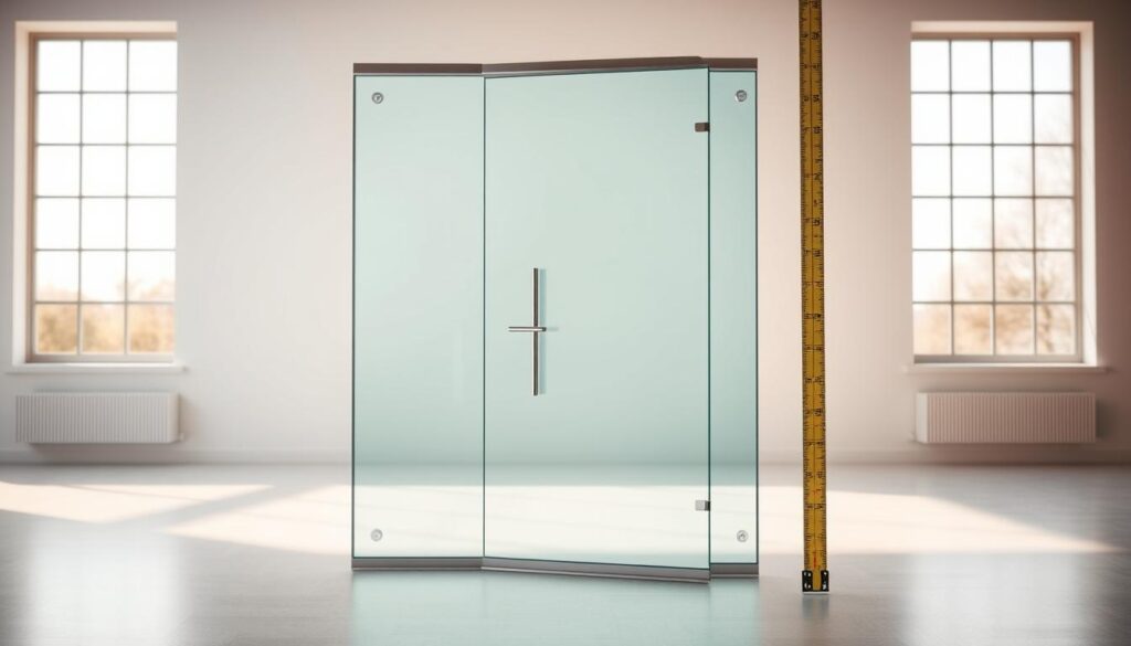 A high-quality, modern glass door standing in a bright, clean room. The door is made of thick, tinted glass panels with a sleek, minimalist metal frame. Precise measurements are displayed on a measuring tape alongside the door, highlighting the perfect fit. The door is positioned at an angle, showcasing its elegant design and seamless integration into the surrounding environment. Warm, natural lighting from large windows casts a soft glow, emphasizing the translucent nature of the glass. The overall scene conveys a sense of precision, attention to detail, and high-end, sophisticated design.