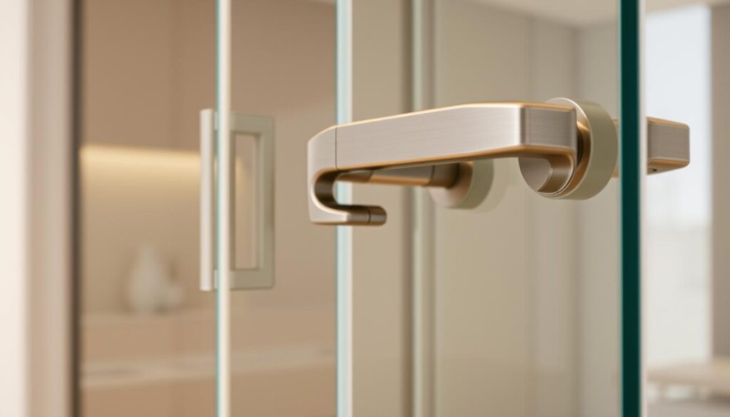 A high-quality, modern glass pendulum door hardware set, featuring a sturdy and elegantly-designed pull handle. The handle is made of brushed stainless steel, with a smooth, curved shape that provides a comfortable grip. The hardware is mounted on a frameless glass panel, creating a sleek, minimalist look that enhances the minimalist aesthetic of the room. The lighting is soft and even, casting a warm glow on the metallic surfaces and highlighting the premium quality of the components. The camera angle captures the pull handle from a slightly elevated perspective, emphasizing its functional and decorative role in the overall door design. The background is blurred, keeping the focus on the central hardware element.
