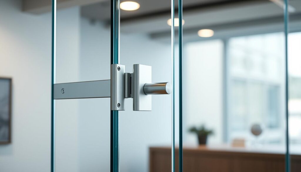 A high-quality, photorealistic image of a glass door with the "din rechts" (right-handed) hinge configuration, showcasing its elegant design and sturdy construction. The scene is well-lit, with soft, natural lighting highlighting the glass panel's transparency and the metal hardware's sleek, polished finish. The camera angle is positioned at eye level, allowing the viewer to appreciate the door's proportions and attention to detail. The background is slightly blurred, keeping the focus on the central subject and creating a sense of depth. The overall mood is one of refined sophistication, reflecting the quality and craftsmanship of the glass door solution.