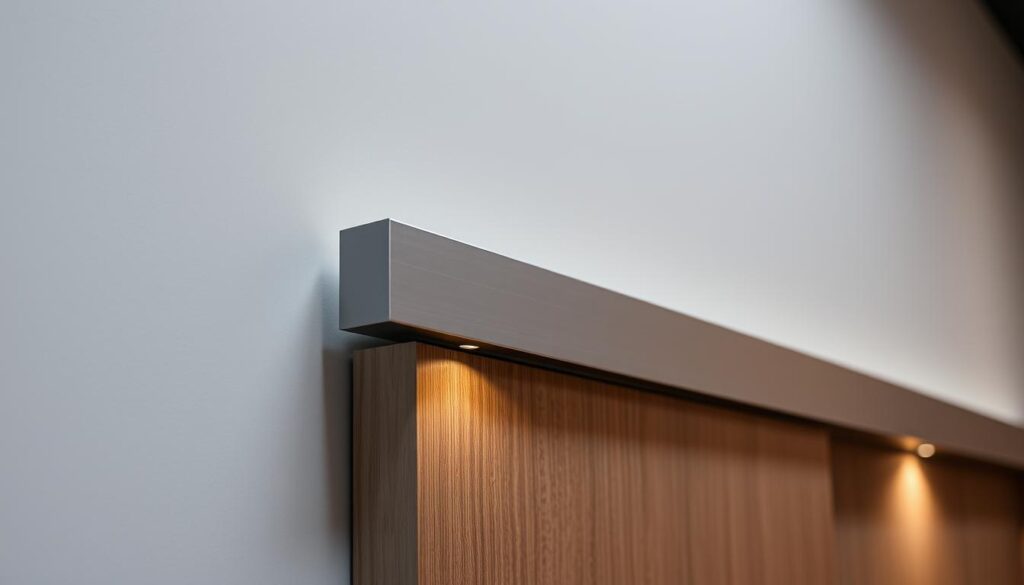 A high-quality, precision-engineered sliding door track system, capturing the sleek minimalism and refined industrial aesthetic of a modern interior design space. The track features a smooth, low-profile aluminum extrusion with a matte anodized finish, seamlessly blending into the surrounding architecture. Subtle recessed grooves guide the door's movement, ensuring a quiet, controlled glide. Delicate lighting gently illuminates the track's contours, accentuating its elegant form. The overall composition conveys a sense of understated sophistication, perfectly suited to complement the clean, sophisticated lines of the sliding door system.