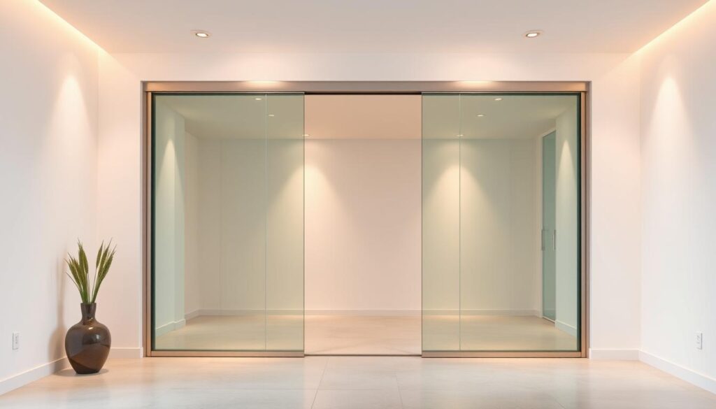A high-quality sliding door set in a modern, minimalist interior. The set is composed of sleek, frameless glass panels that glide effortlessly on a sophisticated rail system. Warm, indirect lighting from recessed fixtures casts a soft glow, creating a serene and inviting atmosphere. The sliding door seamlessly blends into the surrounding walls, accentuating the clean, uncluttered aesthetic. The scene conveys a sense of simplicity, functionality, and elegant design - the perfect complement to the "schiebetür set" featured in the article.