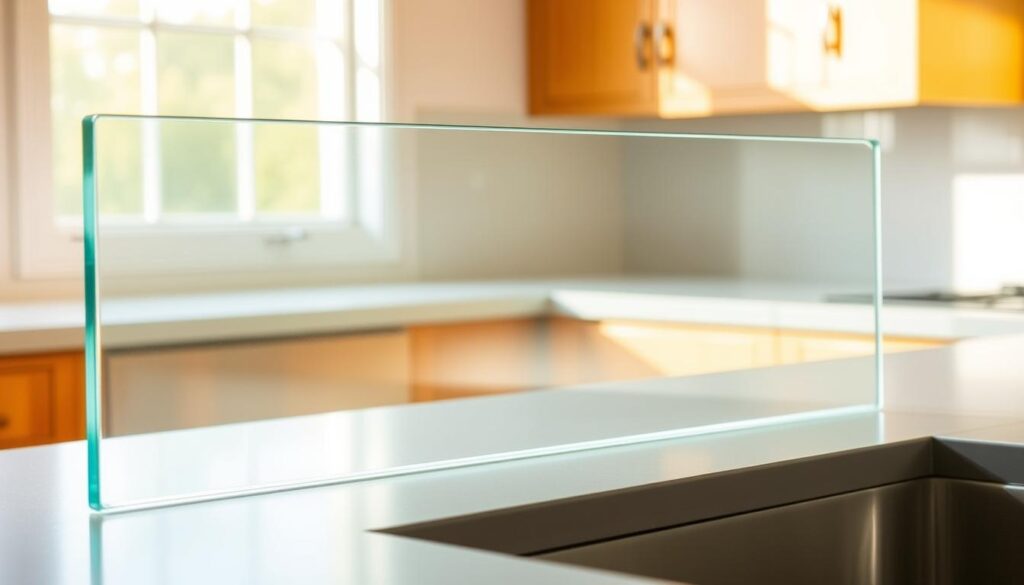 A high-quality, tempered glass panel standing upright, reflecting the warm glow of natural light from a kitchen window. The surface is smooth and spotless, with no visible seams or imperfections. The glass is cut to a precise, rectangular shape, fitting neatly against the backsplash. Subtle, elegant beveled edges add a touch of refinement. The overall composition emphasizes the material's transparency, durability, and ability to protect kitchen surfaces from splashes and stains. The scene conveys a sense of modern, minimalist design, perfectly suited for an article on stylish glass kitchen backsplashes.