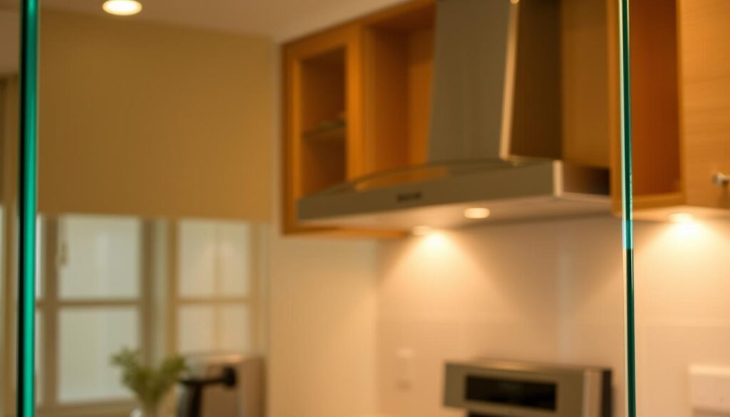 A high-quality, tempered glass panel with a smooth, polished surface, reflecting the warm, diffused lighting from above. The glass appears thick and sturdy, its edges neatly finished, conveying a sense of safety and durability. The composition emphasizes the material's clarity, allowing a glimpse of the kitchen space beyond, while the subtle distortion of the reflection adds visual interest. The overall scene exudes a clean, modern aesthetic, suitable for showcasing the glass panel's functional and aesthetic qualities in a kitchen setting.