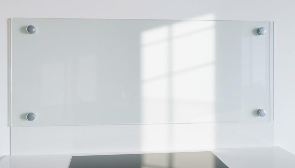 A high-quality tempered glass splashback in a sleek, modern design. The glass panel is precisely cut to size, with smooth, polished edges. It features a minimalist, frameless aesthetic that seamlessly integrates into a contemporary kitchen. The surface has a lustrous, glossy finish that reflects the light, creating a bright, airy atmosphere. The glass is strategically positioned to protect the wall from oil and water splatters, offering a practical and visually appealing solution. Subtle chamfered corners add a touch of refinement. The image captures the glass in a well-lit setting, showcasing its crystal-clear transparency and the clean, geometric lines that complement the kitchen's overall design.