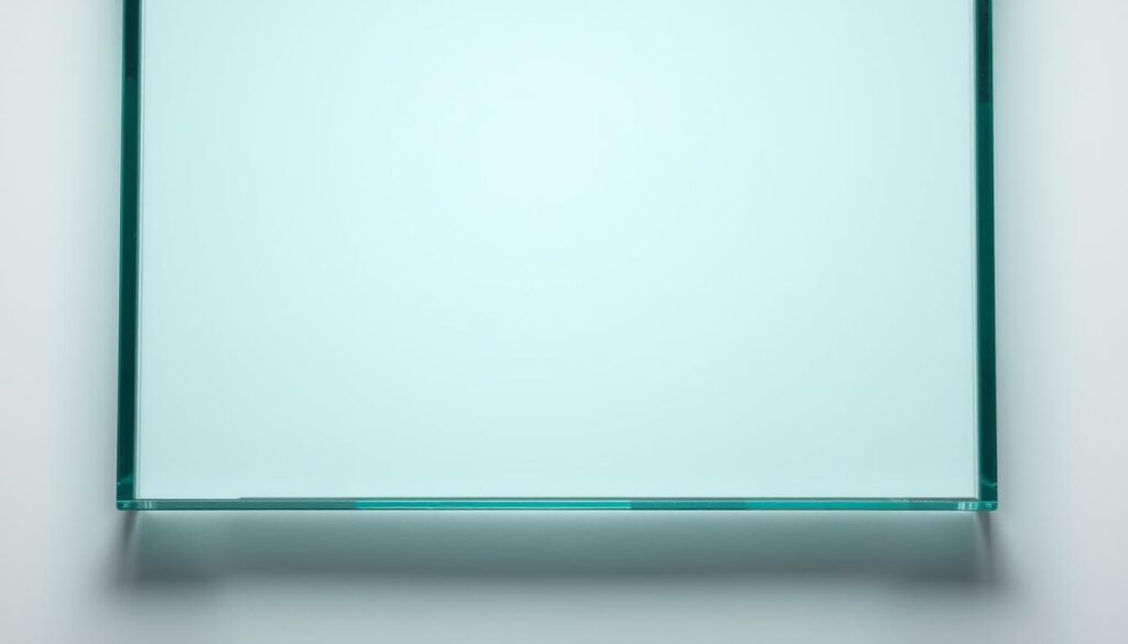 A high-quality, tempered glass surface with a smooth, flawless texture, gleaming under carefully directed studio lighting. The glass appears thick and sturdy, with a subtle greenish hue characteristic of safety glass. The edges are cleanly cut and polished, showcasing the material's inherent strength and durability. The glass fills the frame, capturing its solidity and clarity in meticulous detail. The overall composition emphasizes the glass's visual appeal, highlighting its suitability for modern, high-end shower enclosures.