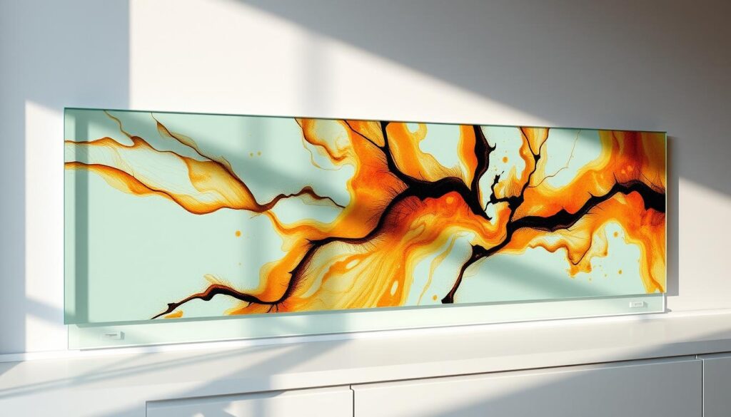 A high-quality, tempered safety glass panel with a sleek, modern design. The glass is surrounded by a slim, minimalist frame, creating a clean and sophisticated look. The surface is adorned with a vibrant, UV-printed digital graphic, showcasing a striking abstract pattern that adds depth and visual interest. The lighting is natural and soft, casting subtle shadows that accentuate the glass's smooth, reflective surface. The angle is slightly elevated, allowing the viewer to appreciate the depth and texture of the material. The overall mood is one of refinement, elegance, and attention to detail, perfectly suited for a kitchen backsplash or sliding door application.