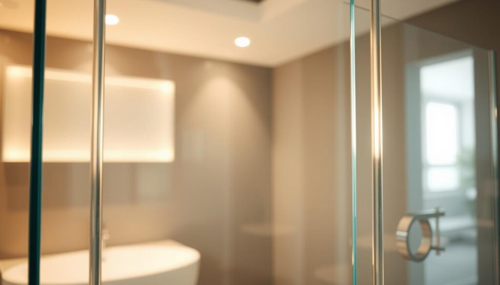 A high-quality transparent glass panel with a smooth, sleek surface, illuminated by warm, diffused lighting. The glass has a subtle, glossy sheen, reflecting the surrounding environment. In the foreground, the glass appears thick and durable, with a slight curvature at the edges, conveying a sense of solidity and strength. The middle ground showcases the glass's clarity, allowing a clear view through to the background, which depicts a minimalist, modern bathroom setting. The overall scene exudes a sense of sophistication, safety, and functionality, perfectly suited for a high-end custom shower enclosure.