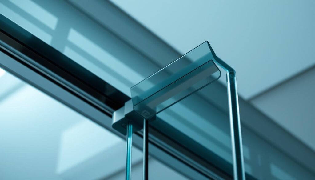 A high-quality, well-lit image showcasing a glass door with a sturdy, precision-engineered frame. The glass panel is made of flawless, tempered ESG glass, offering both safety and elegant transparency. The metallic frame, in a sleek, modern design, seamlessly integrates with the glass, creating a harmonious, architectural aesthetic. The image captures the attention to detail and craftsmanship, highlighting the technical excellence and quality that define this glass door solution. The lighting is soft and diffused, accentuating the clarity of the glass and the refined finish of the frame. The scene is captured from a slightly elevated angle, providing a visually striking and professional perspective.