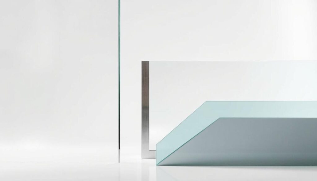 A high-quality, well-lit studio photograph showcasing various glass material options for a custom shower enclosure. In the foreground, a clear acrylic glass panel, a brushed aluminum frame, and a tempered safety glass (ESG) panel are displayed at an angle, highlighting their unique textures and finishes. The middle ground features a clean, white background, allowing the materials to take center stage. The lighting is soft and diffused, creating an elegant, high-end atmosphere that complements the premium materials. The image emphasizes the sleek, modern aesthetic and the customization possibilities available for the shower system, aligning with the article's focus on quality and design.