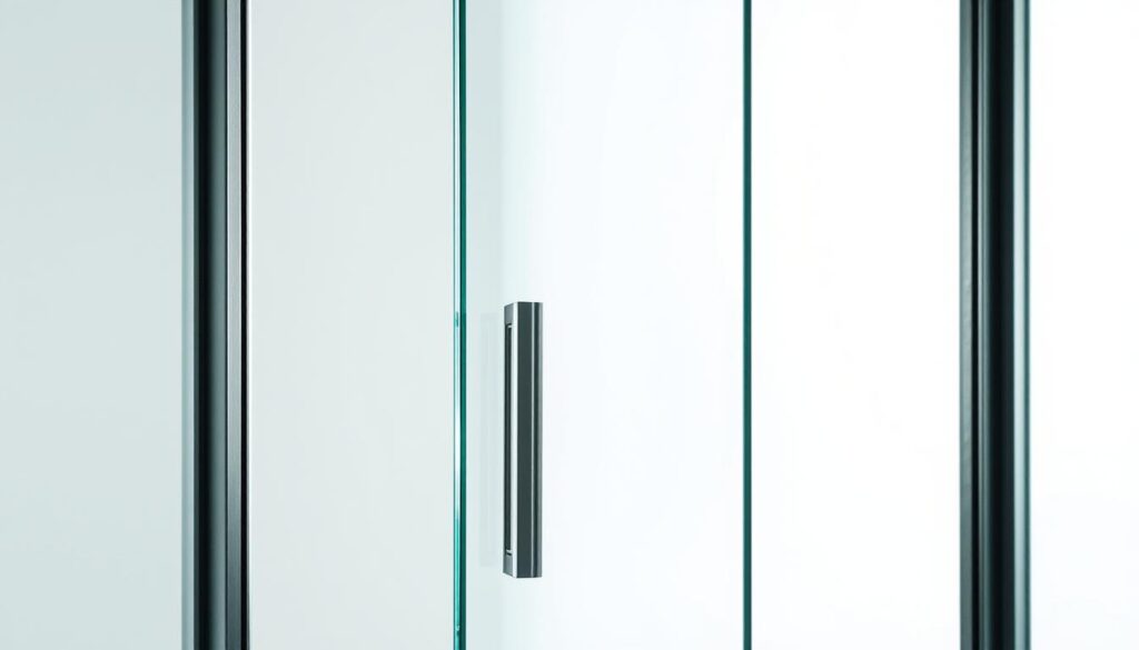 A high-resolution, detailed image of a glass door made of verbundsicherheitsglas (laminated safety glass). The glass has a slight tint and appears translucent, allowing a clear view through it. The door is set in a sleek, minimalist metal frame, creating a modern, elegant aesthetic. The lighting is soft and diffused, highlighting the glass's smooth, glossy surface and casting subtle reflections. The overall scene conveys a sense of quality, durability, and visual appeal, suitable for illustrating a section on glass door variants.